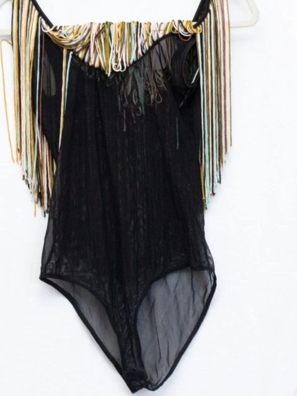 Bershka Mesh Bodysuit Multicolor Neckline Fringes Festival Ballroom Dancing Sz S - Picture 4 of 6